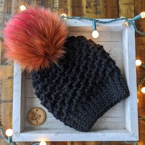 Black knit hat with luxury sunset faux fur pompom